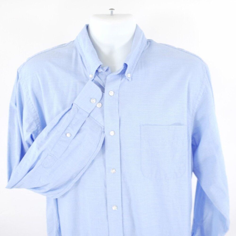 Land's End Large 16-16.5 Traditional Fit Blue Striped Button Down Pocket Front